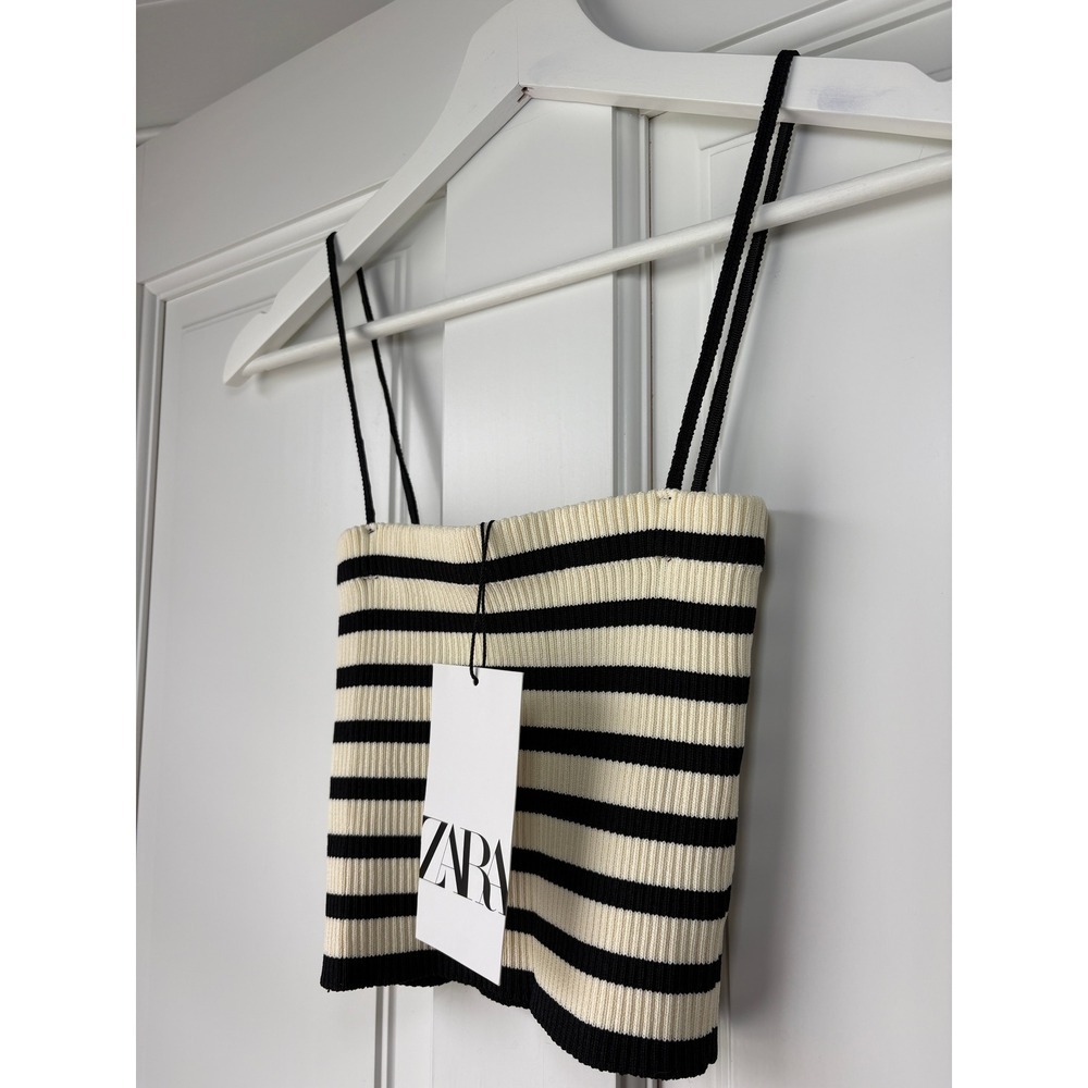 NWT Zara Striped Knit Camisole Crop Top Small Cream Black Ribbed Spaghetti Strap - Picture 2 of 4